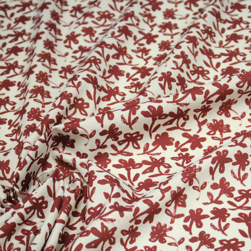 Tissu cotonnade motif japonais HANA - E, aux fleurs dessinées rouges, fond écru - TissusPapi.com