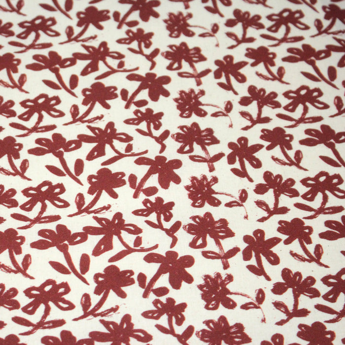 Tissu cotonnade motif japonais HANA - E, aux fleurs dessinées rouges, fond écru - TissusPapi.com