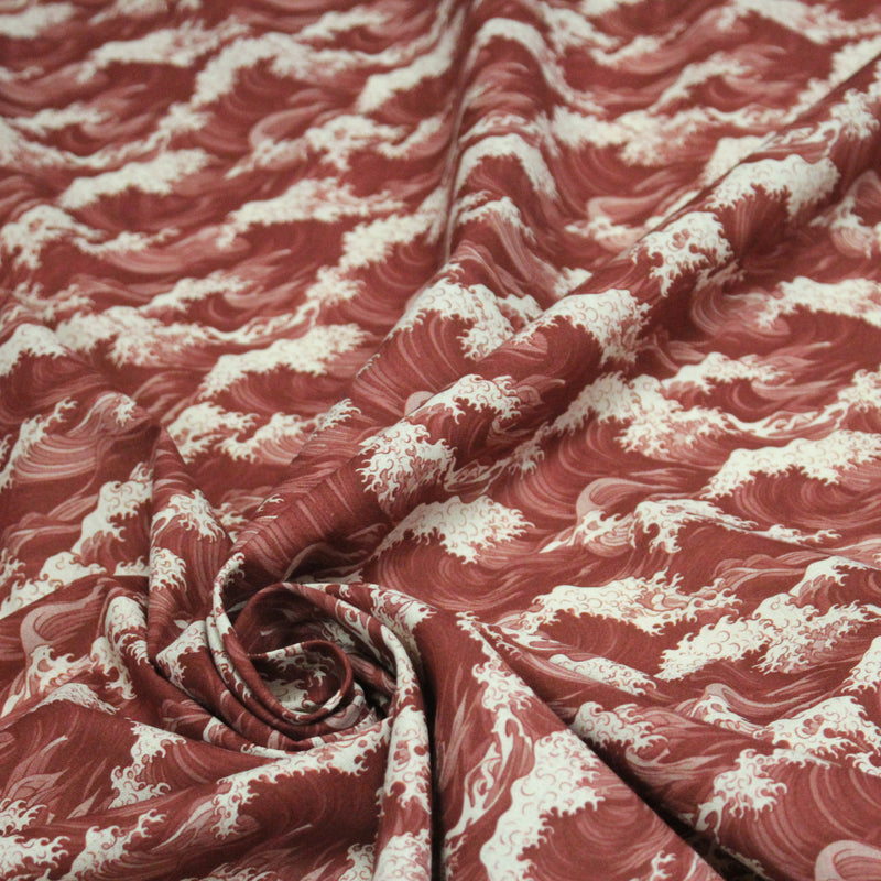 Tissu cotonnade motif de la vague d’HOKUSAI, rouge & écru - TissusPapi.com