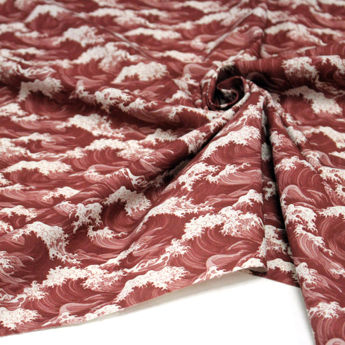 Tissu cotonnade motif de la vague d’HOKUSAI, rouge & écru - TissusPapi.com