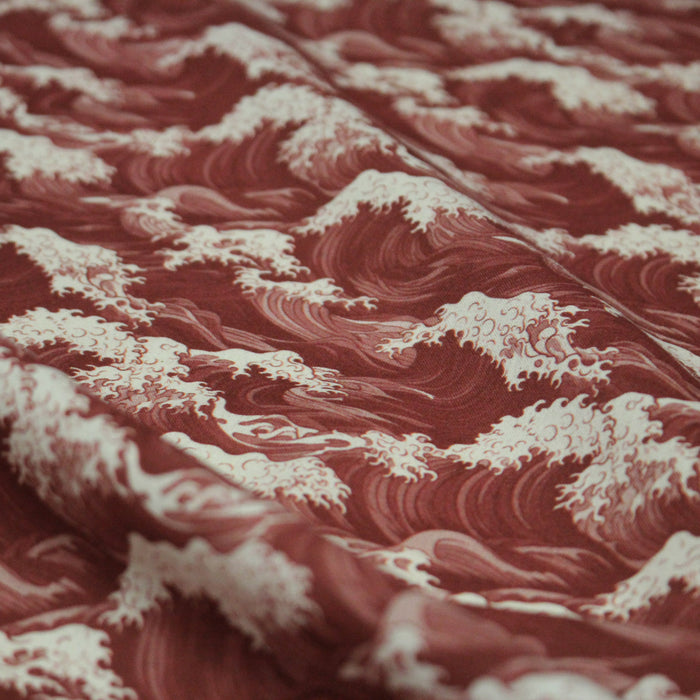 Tissu cotonnade motif de la vague d’HOKUSAI, rouge & écru - TissusPapi.com