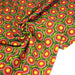 Tissu cotonnade aux fleurs SEVENTIES roses jaunes et rouges, fond kaki - OEKO-TEX STANDARD 100 - TissusPapi.com