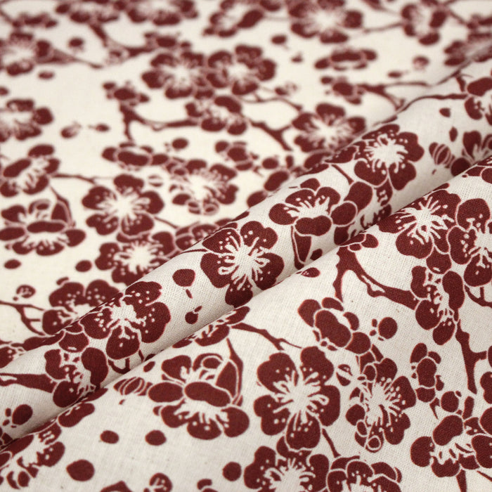 Tissu cotonnade motif japonais HANA aux fleurs de cerisier, tons écrus et rouges - TissusPapi.com