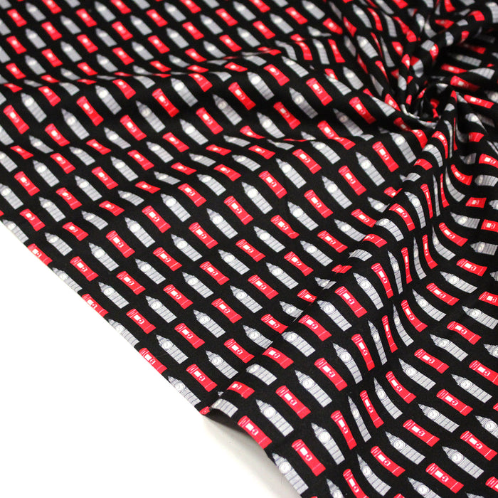 Tissu popeline de coton LONDON aux boîtes aux lettres mailbox rouges & Big Ben, fond noir
