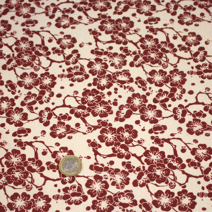 Tissu cotonnade motif japonais HANA aux fleurs de cerisier, tons écrus et rouges - TissusPapi.com