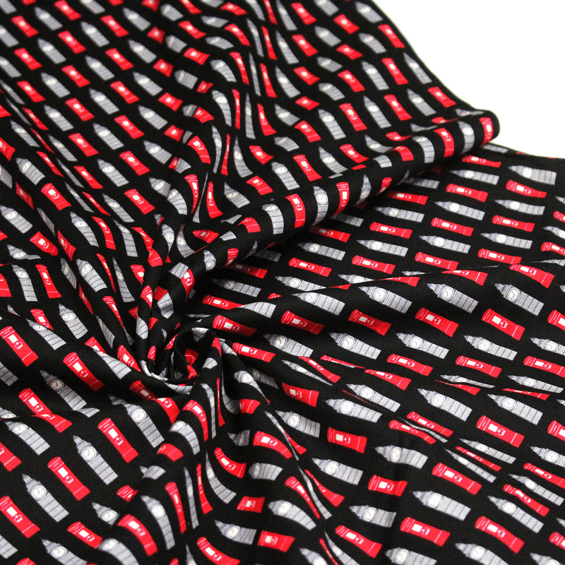 Tissu popeline de coton LONDON aux boîtes aux lettres mailbox rouges & Big Ben, fond noir - TissusPapi.com