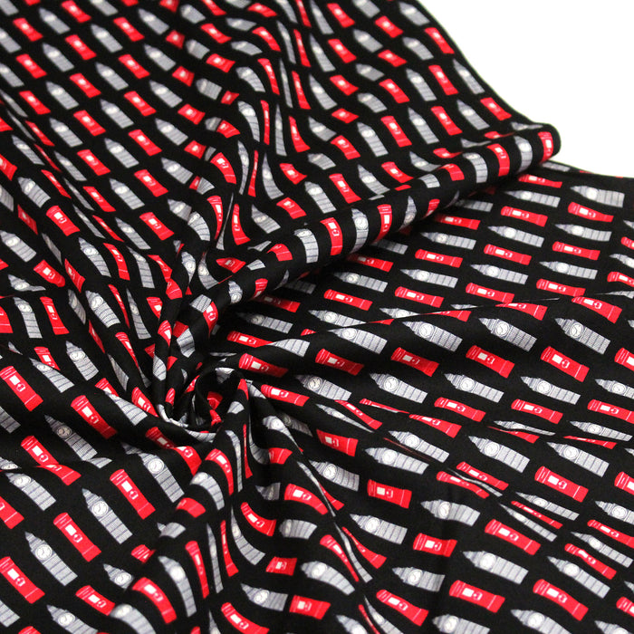 Tissu popeline de coton LONDON aux boîtes aux lettres mailbox rouges & Big Ben, fond noir