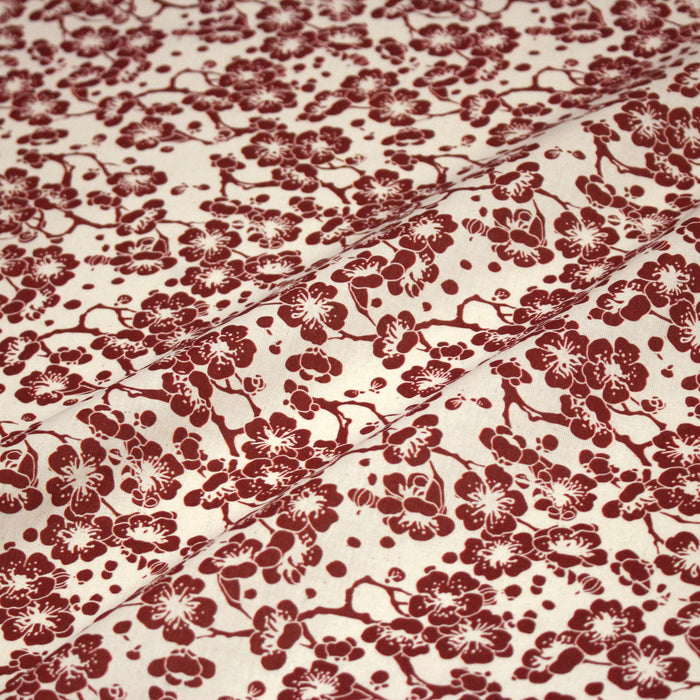 Tissu cotonnade motif japonais HANA aux fleurs de cerisier, tons écrus et rouges - TissusPapi.com