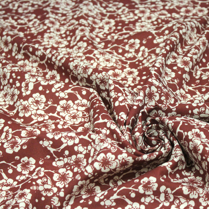 Tissu cotonnade motif japonais HANA aux fleurs de cerisier, tons écrus et rouges - TissusPapi.com