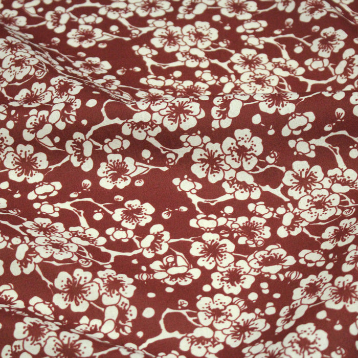 Tissu cotonnade motif japonais HANA aux fleurs de cerisier, tons écrus et rouges - TissusPapi.com