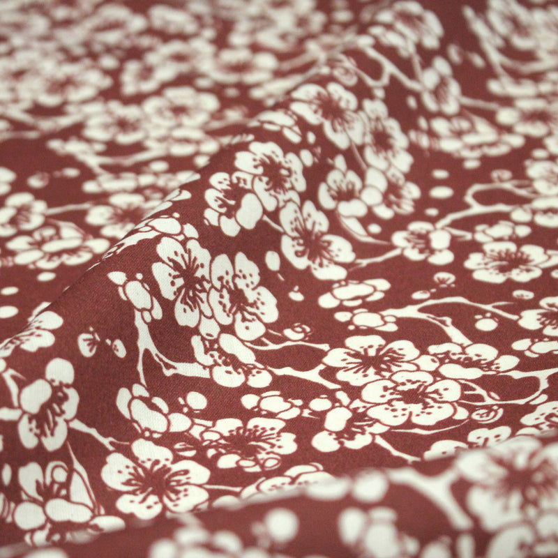 Tissu cotonnade motif japonais HANA aux fleurs de cerisier, tons écrus et rouges - TissusPapi.com