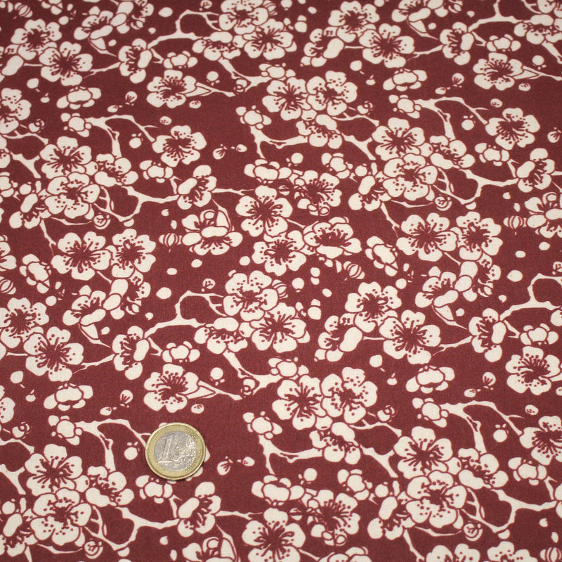 Tissu cotonnade motif japonais HANA aux fleurs de cerisier, tons écrus et rouges - TissusPapi.com