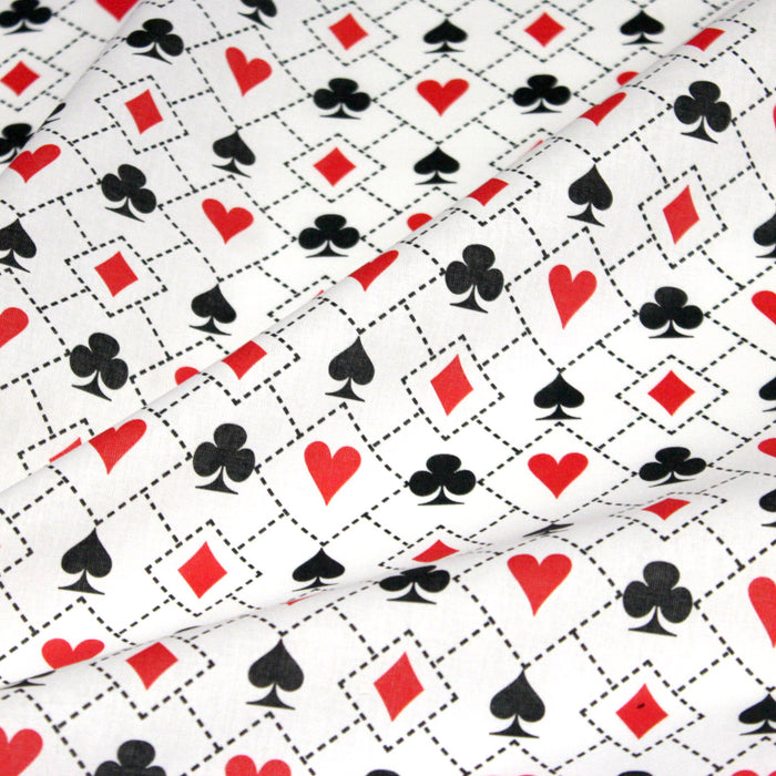 Tissu de coton blanc et liserés noirs, aux coeurs, carreaux, pics, trèfles, rouges et noirs - COLLECTION CASINO