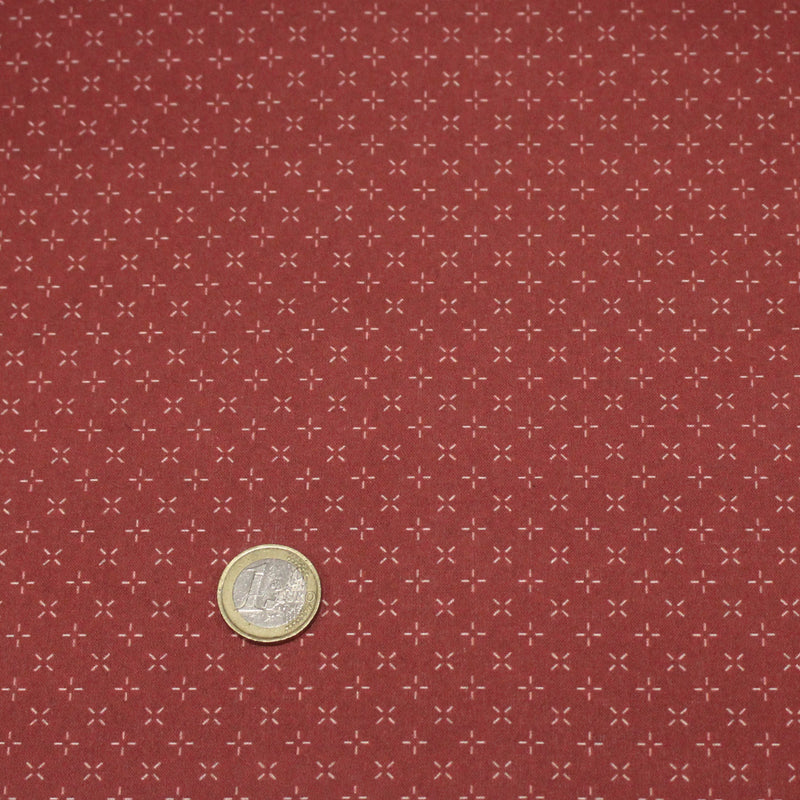 Tissu cotonnade motif japonais KA - KASURI, aux fines croix écrues, fond rouge - TissusPapi.com