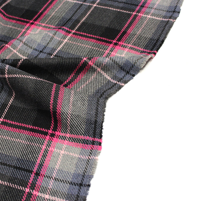 Tissu lainage tartan CLYDE à carreaux noirs, gris, blancs & rose fuchsia