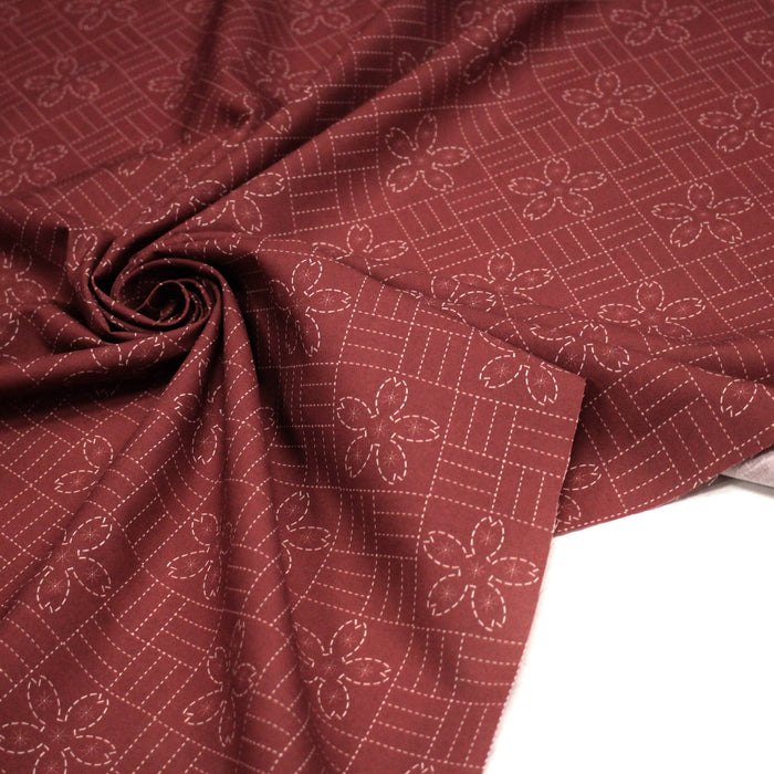Tissu cotonnade motif japonais SASHIKO – tons rouge & écrus - TissusPapi.com