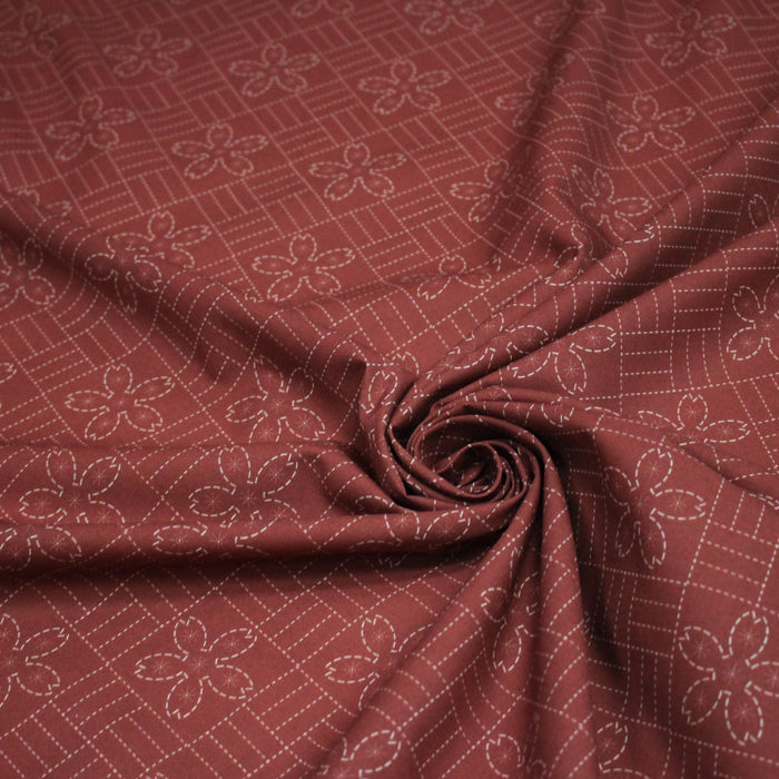 Tissu cotonnade motif japonais SASHIKO – tons rouge & écrus - TissusPapi.com