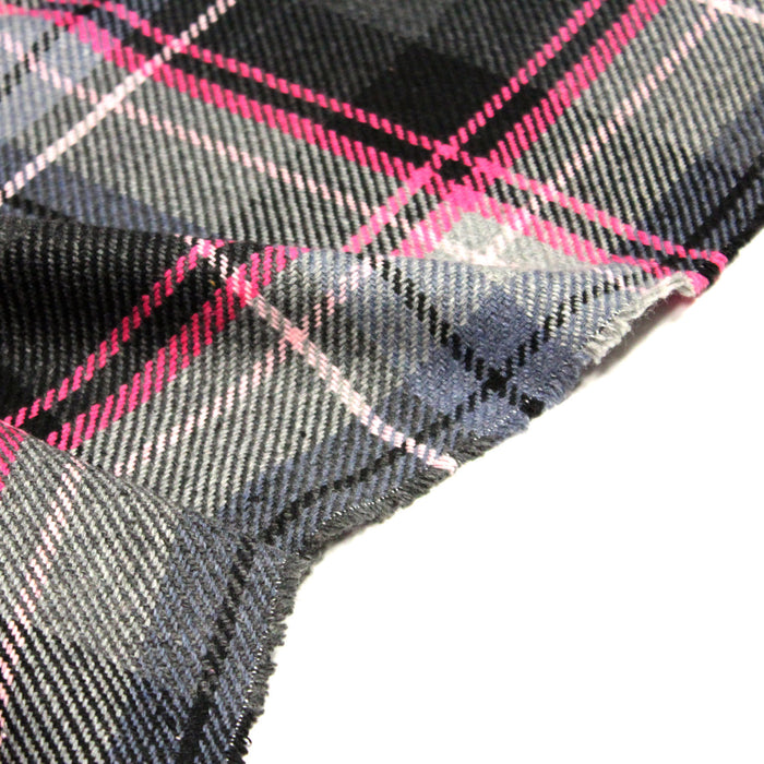 Tissu lainage tartan CLYDE à carreaux noirs, gris, blancs & rose fuchsia