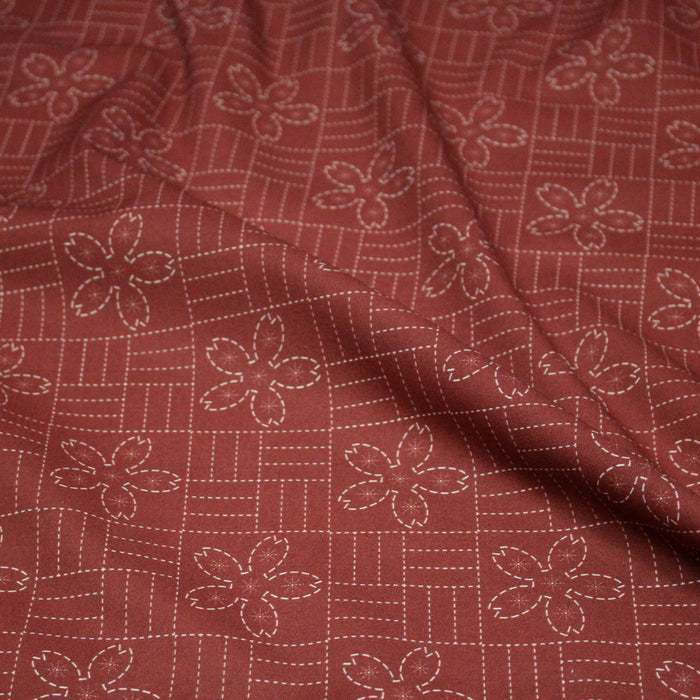 Tissu cotonnade motif japonais SASHIKO – tons rouge & écrus - TissusPapi.com
