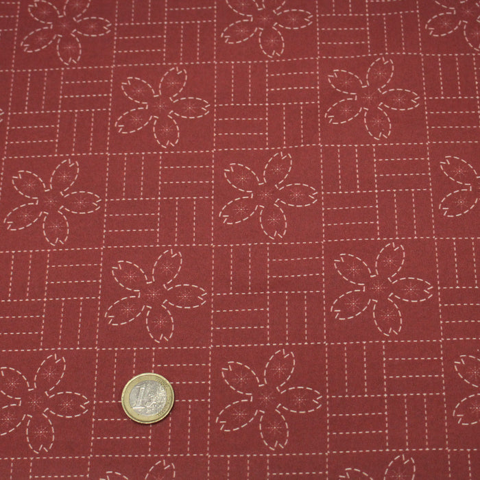 Tissu cotonnade motif japonais SASHIKO – tons rouge & écrus - TissusPapi.com