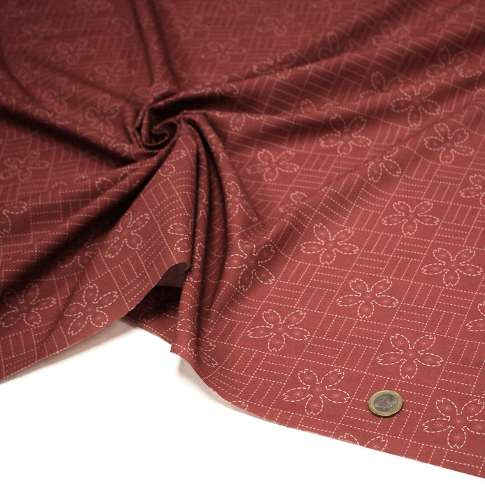 Tissu cotonnade motif japonais SASHIKO – tons rouge & écrus - TissusPapi.com