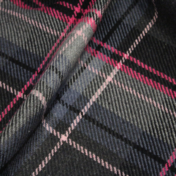 Tissu lainage tartan CLYDE à carreaux noirs, gris, blancs & rose fuchsia