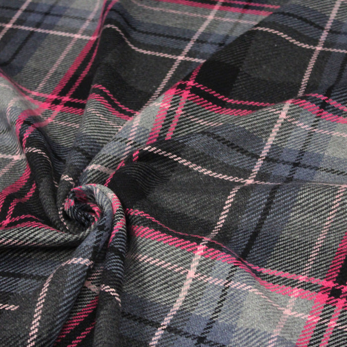 Tissu lainage tartan CLYDE à carreaux noirs, gris, blancs & rose fuchsia