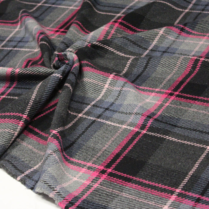 Tissu lainage tartan CLYDE à carreaux noirs, gris, blancs & rose fuchsia