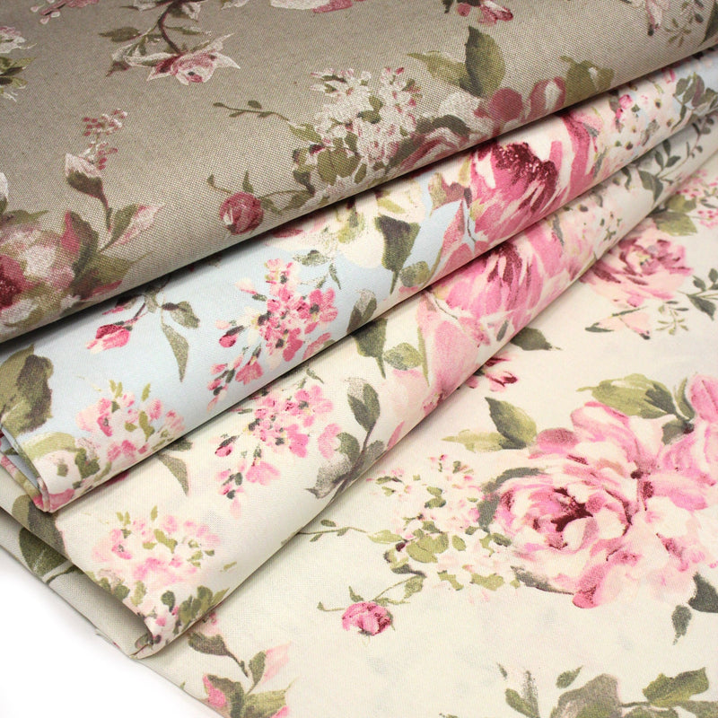 Tissu motif britannique aux grandes fleurs roses : lin, bleu, écru - COLLECTION BRIGHTON - TissusPapi.com