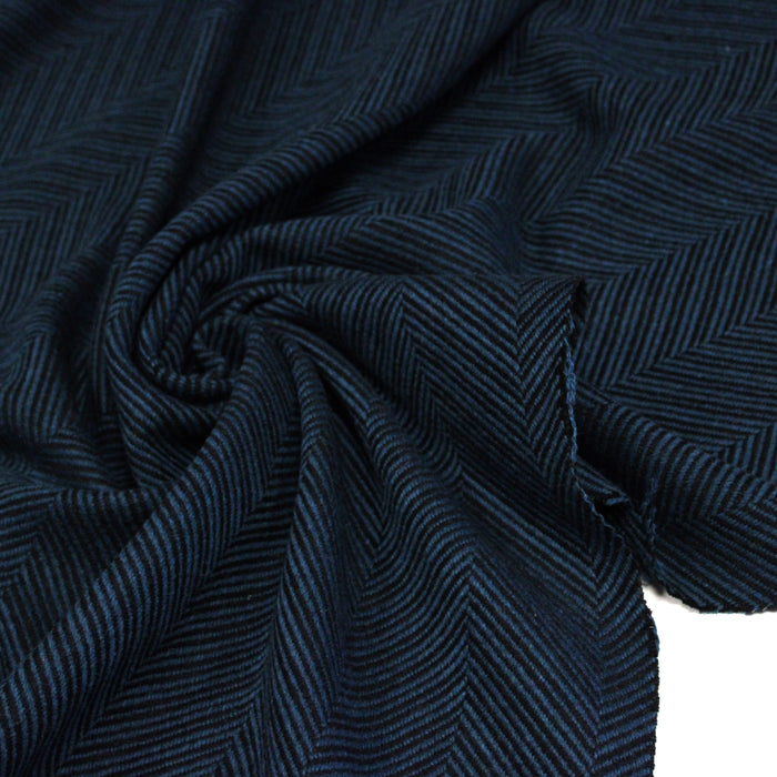 Tissu lainage faux-uni chevrons bleu canard & noir - Fabrication italienne