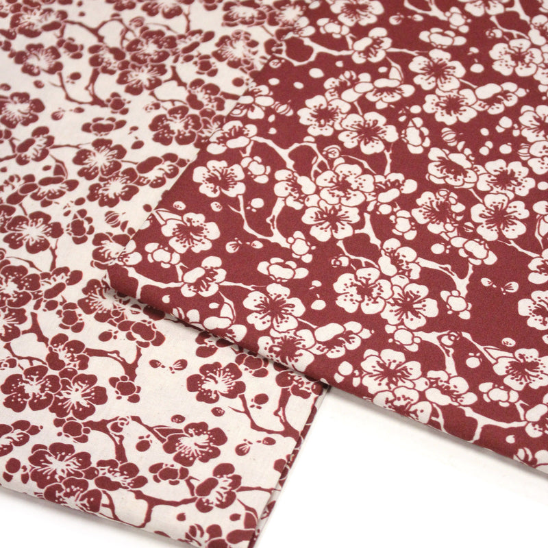 Tissu cotonnade motif japonais HANA aux fleurs de cerisier, tons écrus et rouges - TissusPapi.com