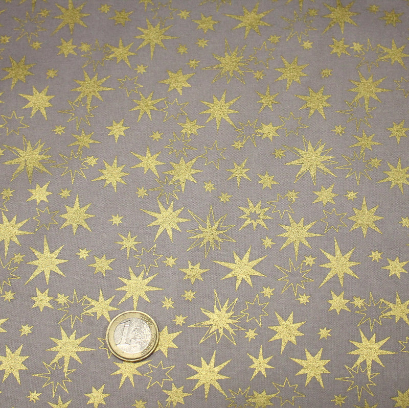 Tissu coton Noël, gris aux étoiles dorées - TissusPapi.com