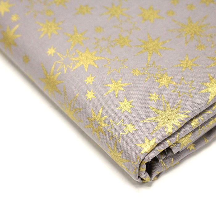 Tissu coton Noël, gris aux étoiles dorées - TissusPapi.com
