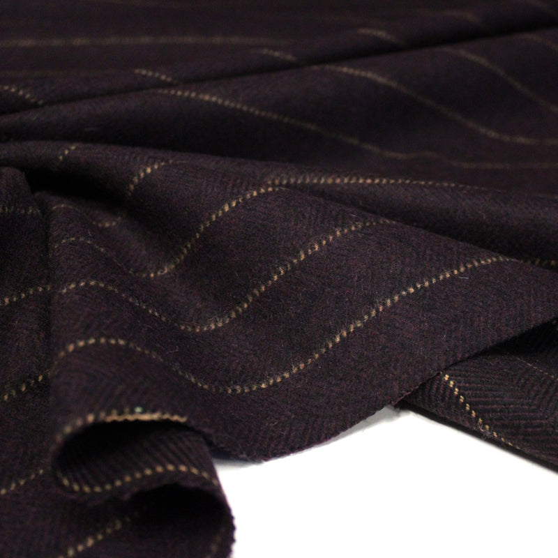 Tissu lainage faux-uni chevrons aubergine & liserés écrus - TissusPapi.com