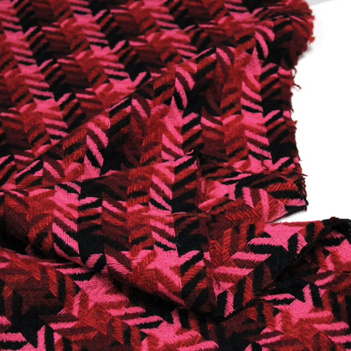 Tissu lainage grand motif pied de coq aux tons roses & noirs - Fabrication italienne