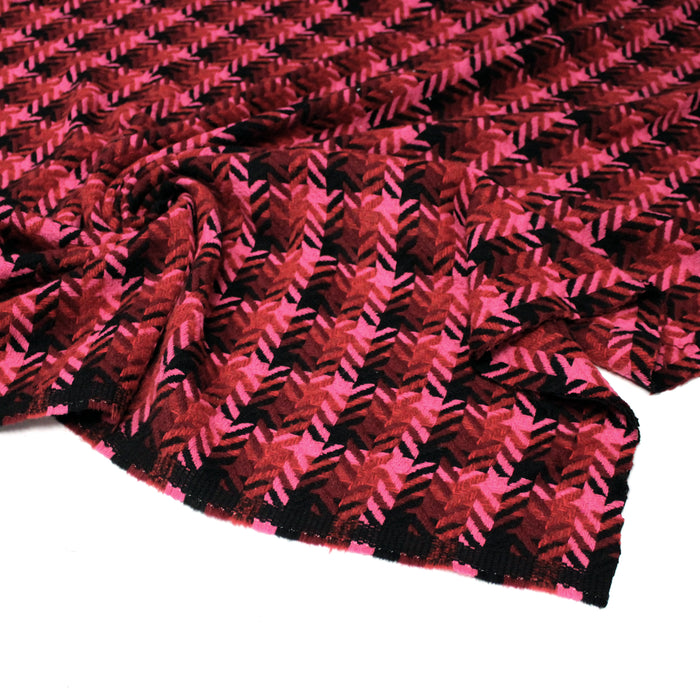 Tissu lainage grand motif pied de coq aux tons roses & noirs - Fabrication italienne