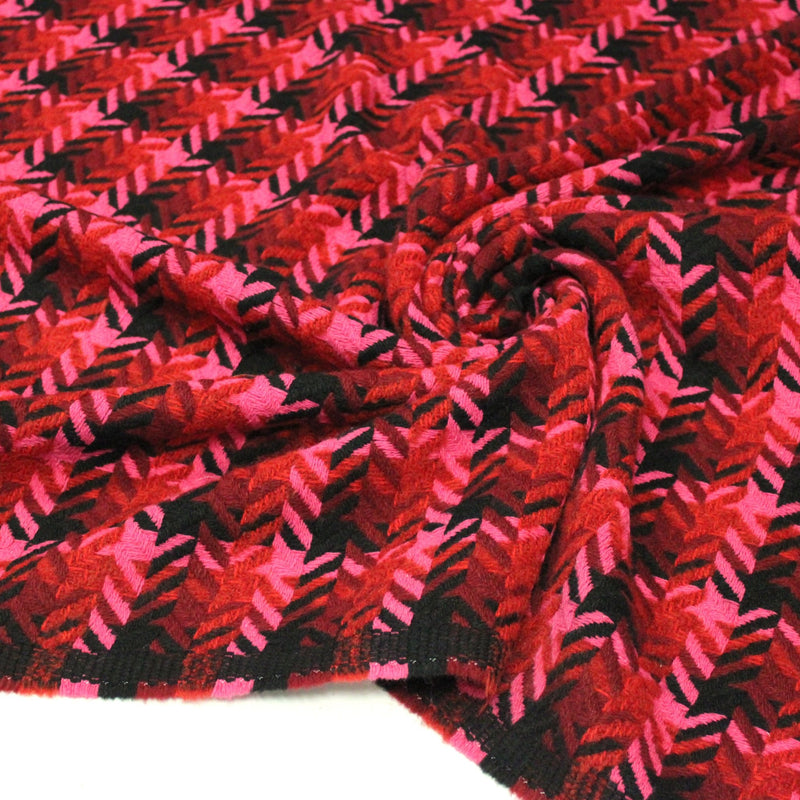 Tissu lainage grand motif pied de coq aux tons roses & noirs - Fabrication italienne - TissusPapi.com