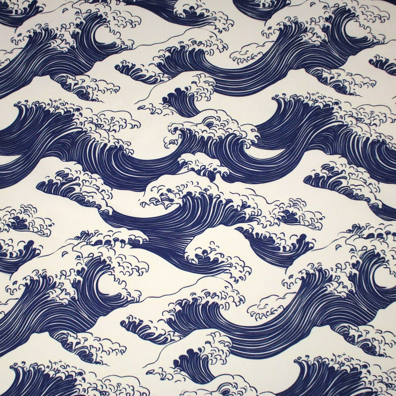 Tissu gabardine coton imprimée HOKUSAI Vagues japonaises bleues & blanc cassé - OEKO - TEX - TissusPapi.com