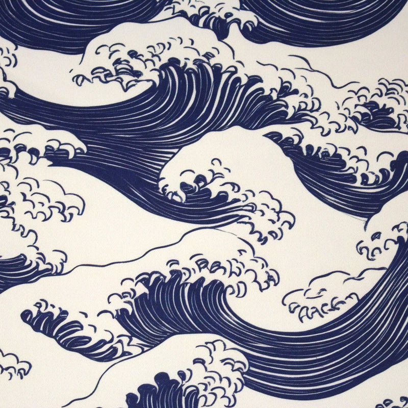 Tissu gabardine coton imprimée HOKUSAI Vagues japonaises bleues & blanc cassé - OEKO - TEX - TissusPapi.com