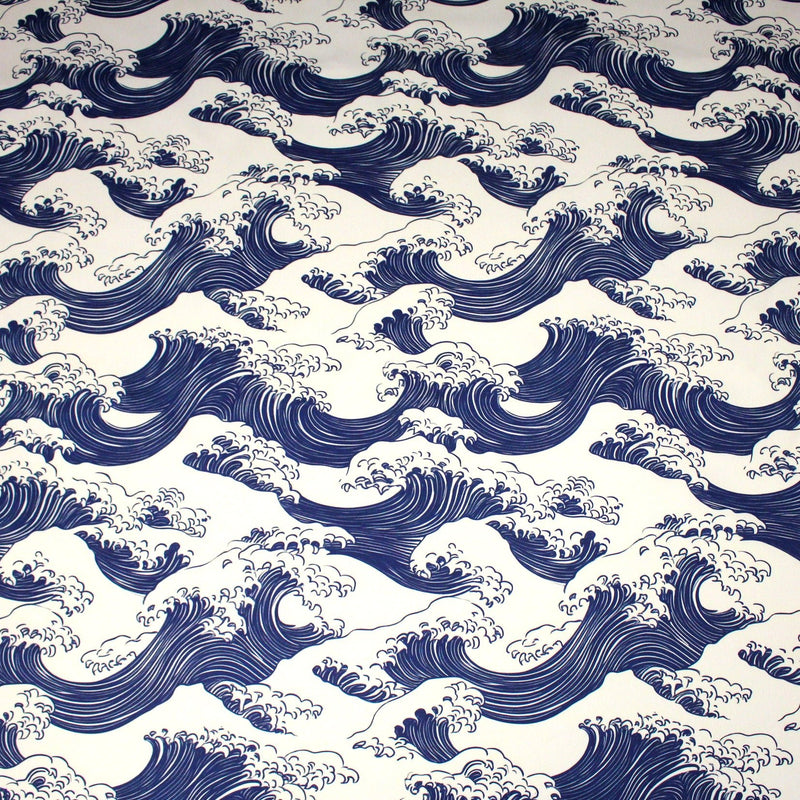 Tissu gabardine coton imprimée HOKUSAI Vagues japonaises bleues & blanc cassé - OEKO - TEX - TissusPapi.com