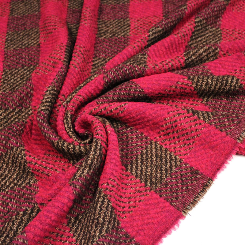 Tissu lainage grands carreaux rose fuchsia & marron - Fabrication italienne - TissusPapi.com