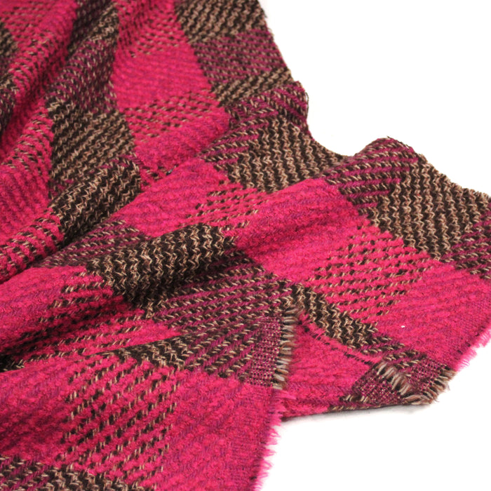 Tissu lainage grands carreaux rose fuchsia & marron - Fabrication italienne
