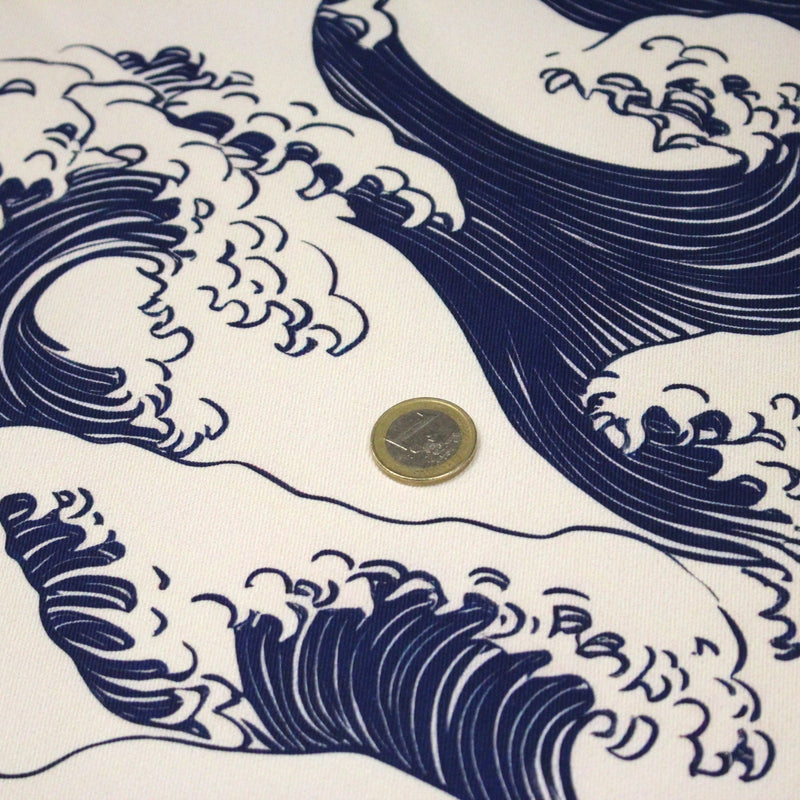 Tissu gabardine coton imprimée HOKUSAI Vagues japonaises bleues & blanc cassé - OEKO - TEX - TissusPapi.com