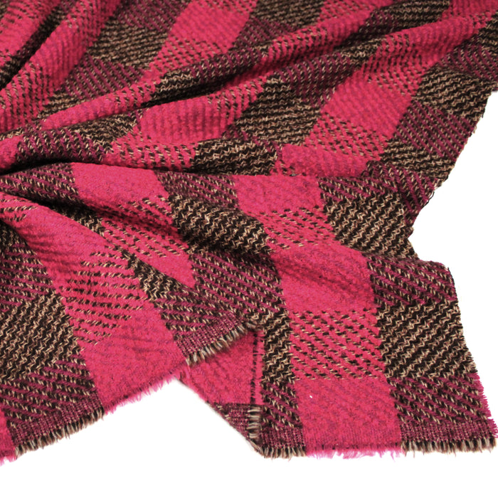 Tissu lainage grands carreaux rose fuchsia & marron - Fabrication italienne