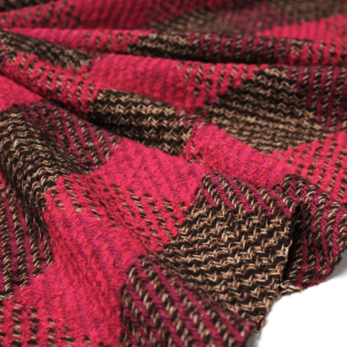 Tissu lainage grands carreaux rose fuchsia & marron - Fabrication italienne