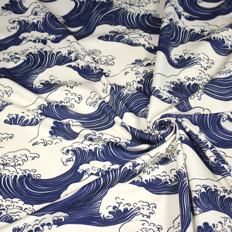 Tissu gabardine coton imprimée HOKUSAI Vagues japonaises bleues & blanc cassé - OEKO - TEX - TissusPapi.com