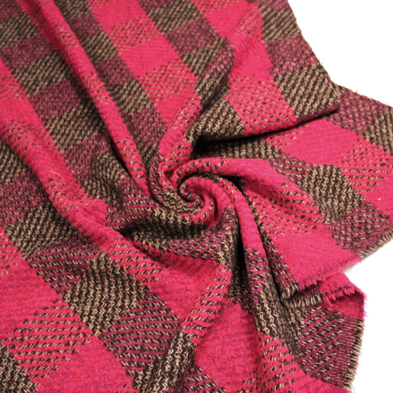 Tissu lainage grands carreaux rose fuchsia & marron - Fabrication italienne - TissusPapi.com