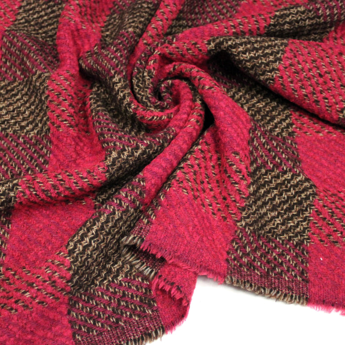 Tissu lainage grands carreaux rose fuchsia & marron - Fabrication italienne