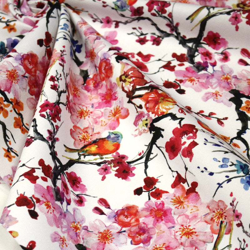 Tissu gabardine coton imprimée GUNMA jardin japonais, oiseaux et fleurs de cerisier - OEKO - TEX - TissusPapi.com