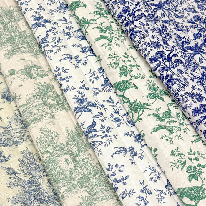 Tissu matelassé TOILE DE JOUY : trois motifs, deux couleurs, cinq tissus !